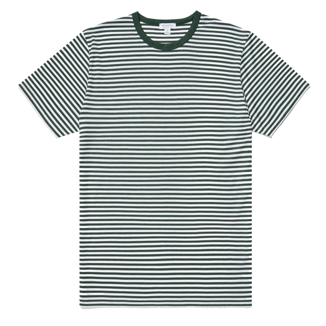 Sunspel Classic Crew Neck English Stripe T-Shirt Deep Green / White 3 Sunspel Classic Crew Neck English Stripe T-Shirt Deep Green / White