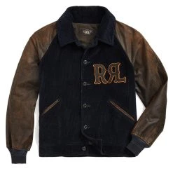 RRL By Ralph Lauren Appliqued Corduroy Leather-Sleeve Jacket Black/Deep Navy